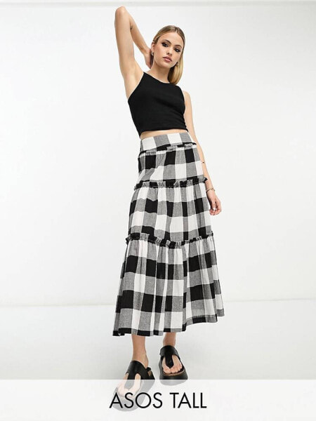 ASOS DESIGN Tall tiered midi skirt in jumbo mono gingham 