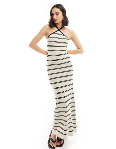 Pretty Lavish halterneck knit midaxi dress in cream stripe