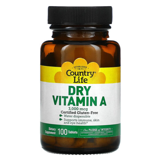 Витамины Country Life сухой витамин А, 3,000 мкг, 100 таблеток