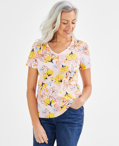 Women's Short Sleeve Printed V-Neck Top, Created for Macy's