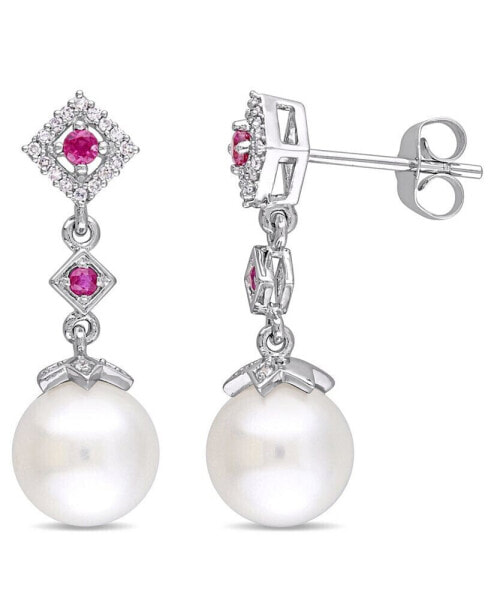 Freshwater Cultured Pearl (8.5-9mm), Ruby (1/7 ct. t.w.) and Diamond (1/10 ct. t.w.) Drop Earrings in 10k White Gold