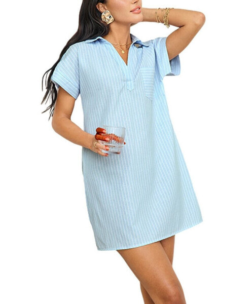 Women's Blue & White Stripe Collared Short Sleeve Mini Beach Dress