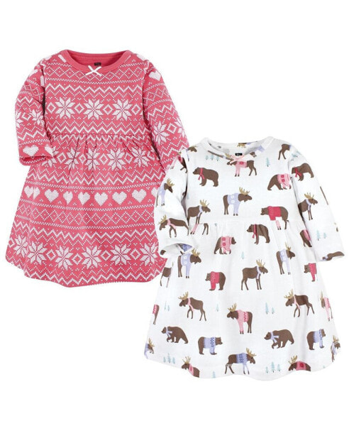 Toddler Girls Cotton Dresses, Pink Moose Bear