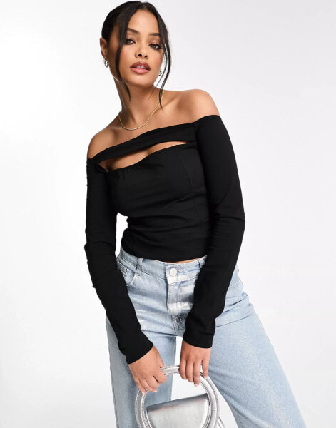 Bershka cut out long sleeve top in black