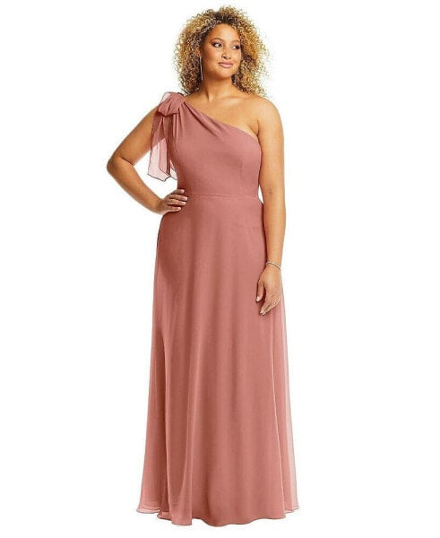 Plus Size Draped One-Shoulder Maxi Dress with Scarf Bow