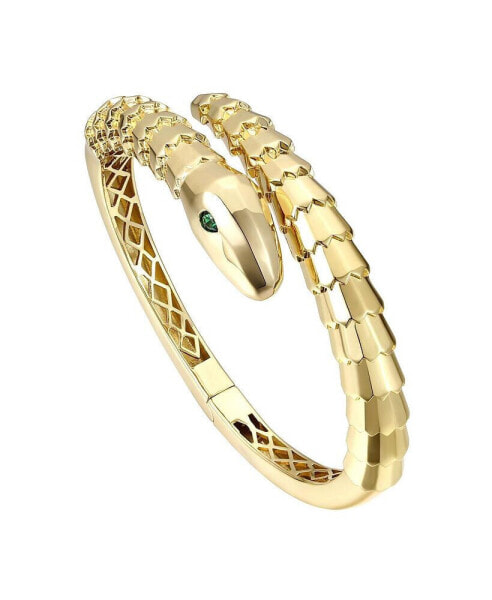 14k Gold Plated with Emerald Cubic Zirconia Textured Coiled Serpent Bypass Bangle Bracelet