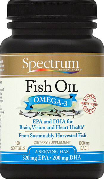 Spectrum Essentials Fish Oil Omega-3 Омега-3 из рыбьего жира для здоровья мозга, зрения и сердца 1000 мг 100 гелевых капсул