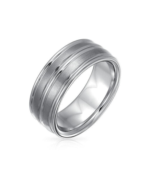 Wide Silver Tone Double Grooved Brushed Matte Titanium Wedding Band Ring Comfort Fit 8MM