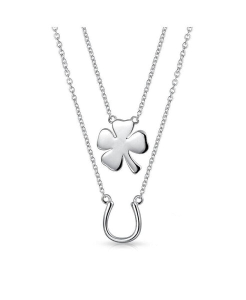 Personalized Engrave Layering Four Leaf Clover Shamrock Irish Lucky Horseshoe Pendant Necklace Western Jewelry Sterling Silver Customizable