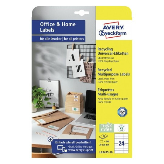 Avery Zweckform Avery LR3475-10 - White - Rectangle - Permanent - 70 x 36 mm - A4 - Paper