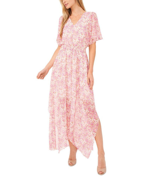 Women's Ditsy Floral Smocked-Waist Flutter-Sleeve Maxi Dress