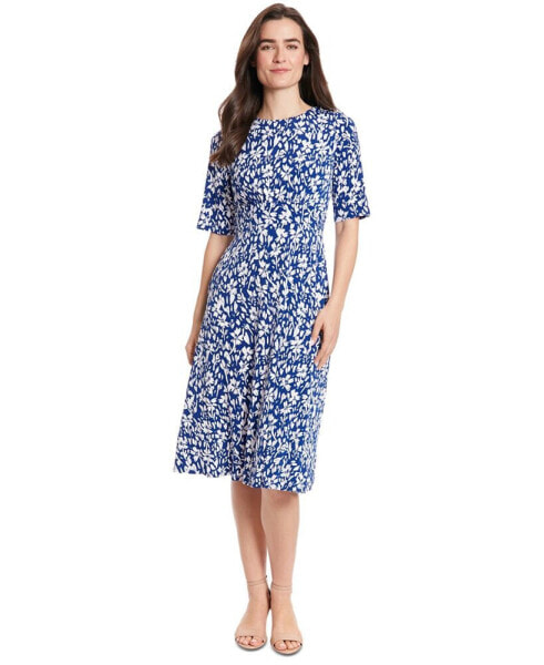 Women's Printed Elbow-Sleeve Midi Dress