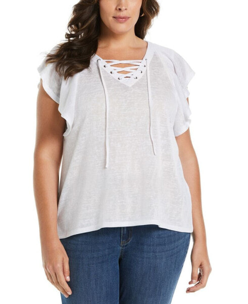 Plus Size Lace-Up Flutter Short Sleeve Top