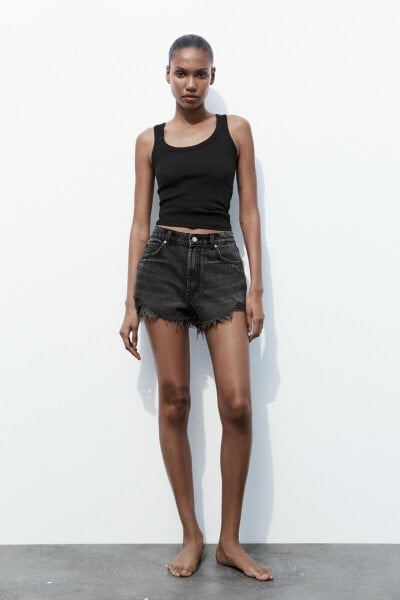 TRF CURVED HIGH-WAIST RIPPED DENIM SHORTS