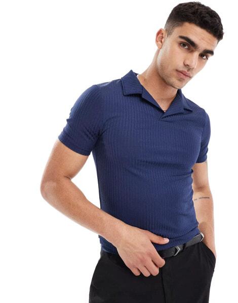 ASOS DESIGN polo in textured rib in navy