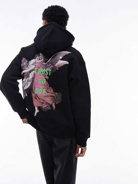 Topman oversized fit hoodie with front and back angel print in black