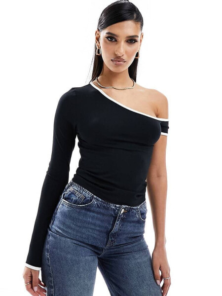 ASOS DESIGN one shoulder top with contrast piping in black