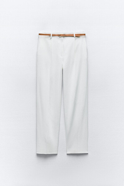 Linen blend straight-leg trousers with belt
