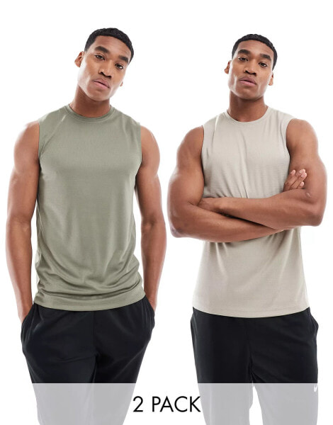 ASOS 4505 Icon training sleeveless t-shirt with quick dry 2 pack in beige and khaki