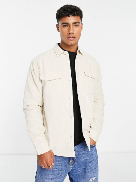 New Look lined cord overshirt in stone