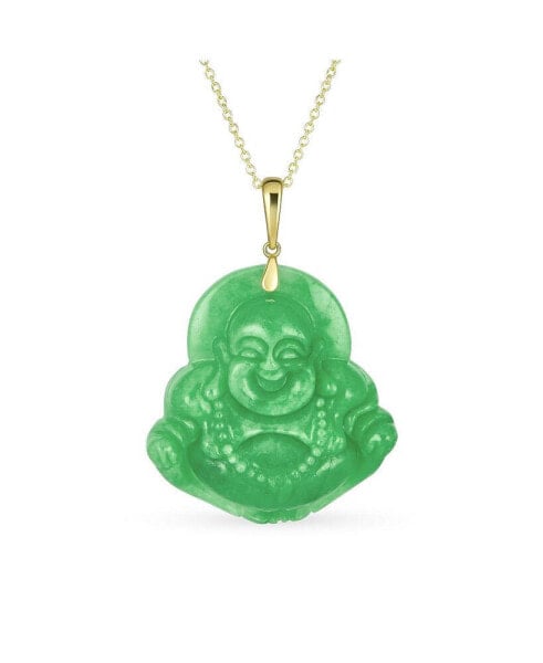 Yogi Amulet LARGE Statement Thai Spiritual Green Natural Jade Carved Laughing Buddha Pendant Necklace Men Gold Plated Sterling Silver 18 "