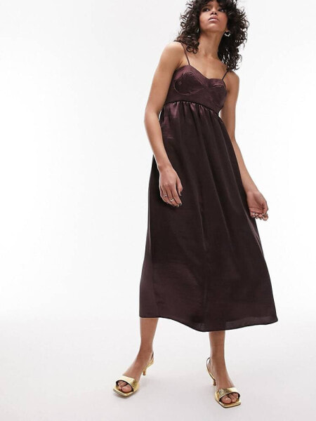 Topshop corset bust satin midi dress in chocolate