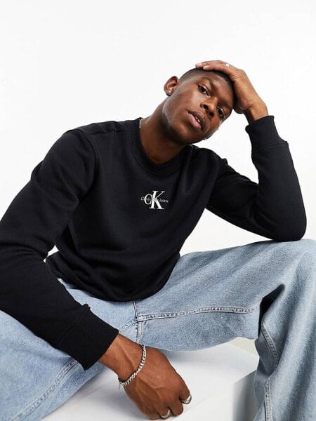 Calvin Klein Jeans monogram logo crew neck sweatshirt in black