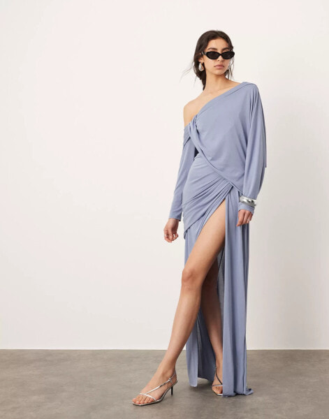 ASOS EDITION draped off shoulder maxi dress with waist detail in blue