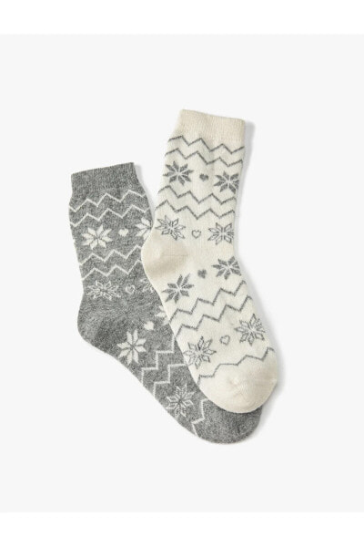 2'li Soket Çorap Seti Yün Karışımlı Desenli Çok Renkli