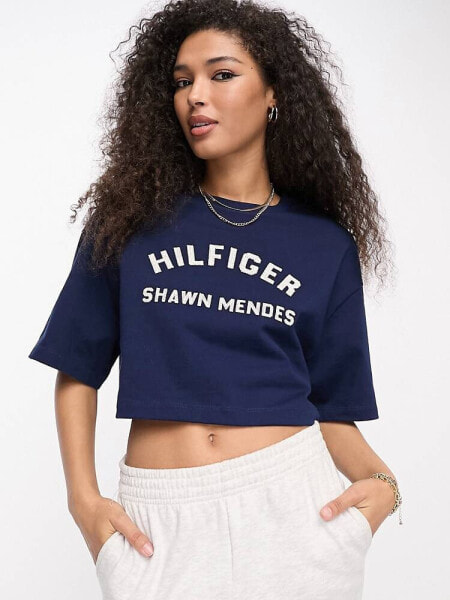 Tommy Hilfiger x Shawn Mendes arch logo graphic cropped short sleeve t-shirt in navy