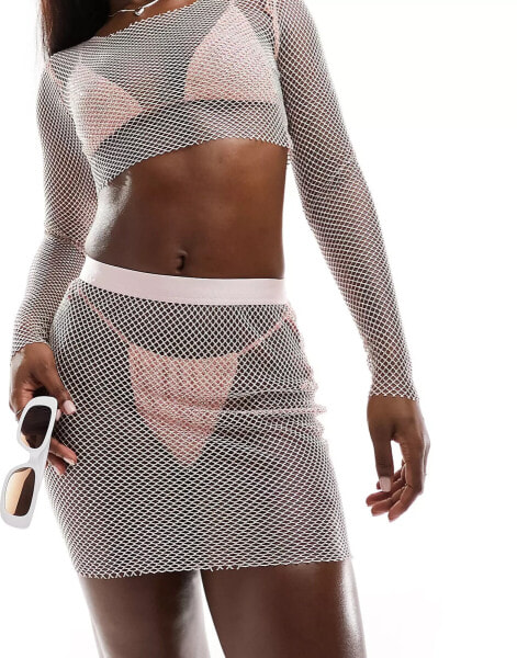 Simmi diamante netting mini skirt co-ord in baby pink