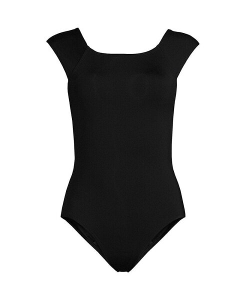 Plus Size Tummy Control Cap Sleeve X-Back One Piece Swimsuit