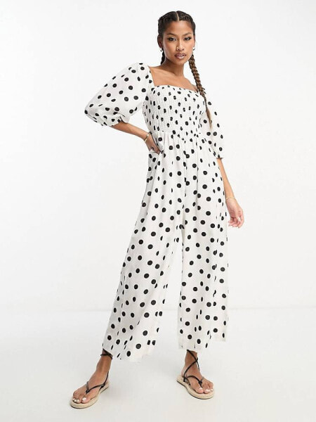 ASOS DESIGN linen look shirred bodice puff sleeve jumpsuit in mono spot print