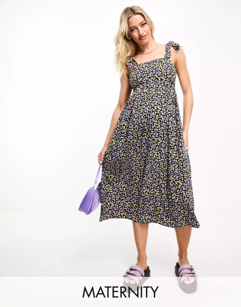 Violet Romance Maternity tie strap midi dress in ditsy floral print