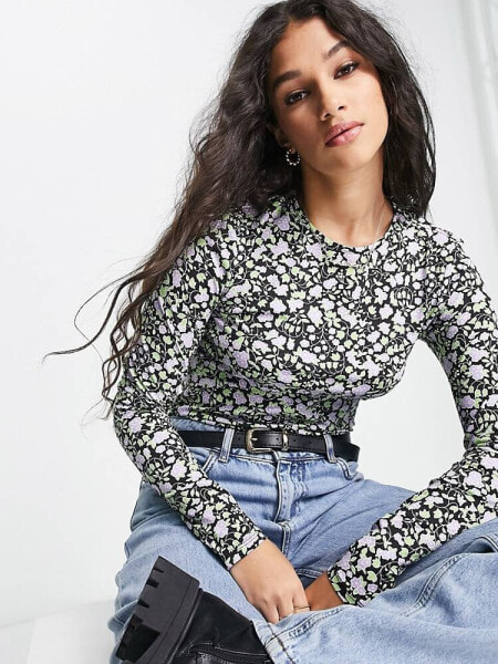 Monki long sleeve t-shirt in black and purple floral
