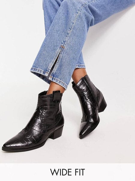 Glamorous Wide Fit western ankle boots in black croc