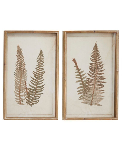 Wood Fern Leaf Framed Wall Art with White Backing Set of 2, 19" x 25"