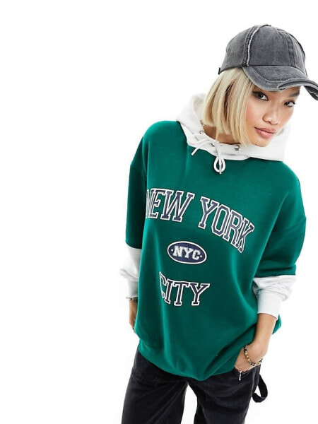 Daisy Street NY oversized double layer hoodie in green and white