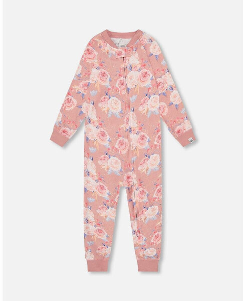 Big Girls Organic Cotton One Piece Pajama Old Pink Printed Roses