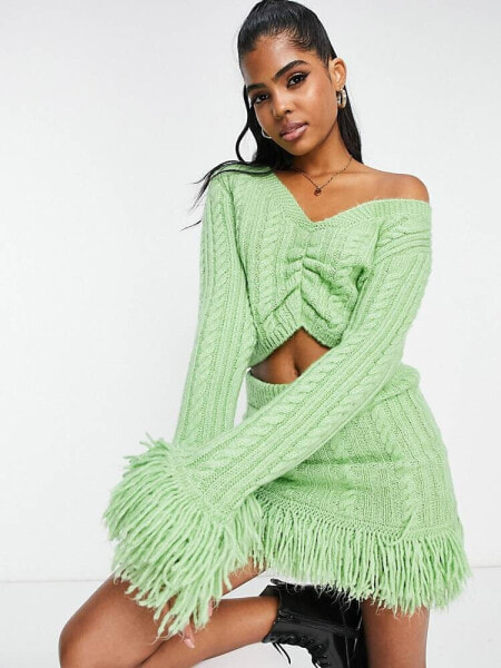 Miss Selfridge cable knit fringe ruched jumper co-ord in green