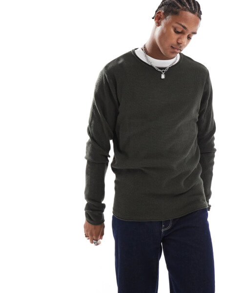 Brave Soul ribbed jumper with raglan sleeve in khaki