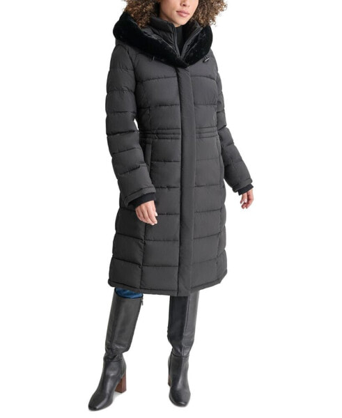 Women's Faux-Fur-Trim Hooded Bibbed Puffer Coat