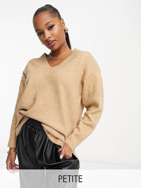 New Look Petite v neck jumper in camel