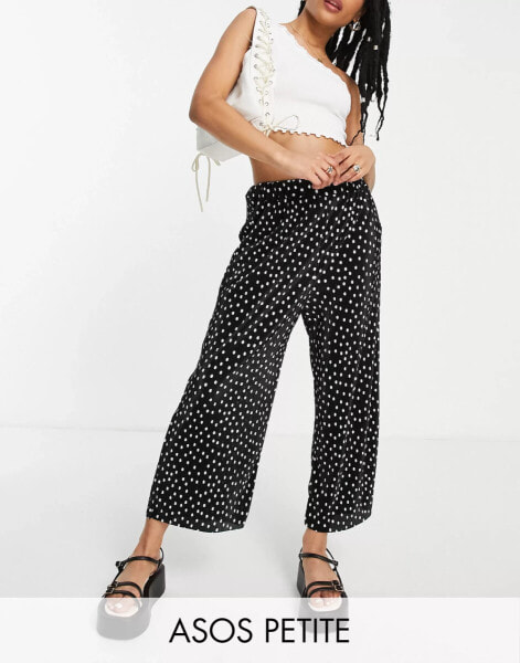 ASOS DESIGN Petite plisse wide leg trouser culottes in mono spot