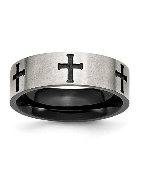 Stainless Steel Brushed Black IP-plated Crosses 7mm Band Ring
