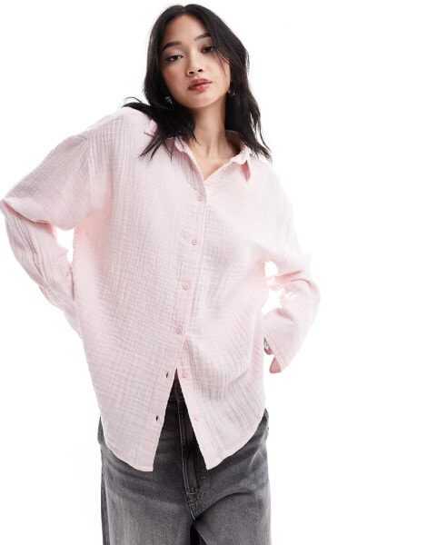 Monki long sleeve crinkle textured shirt in light dusty pink