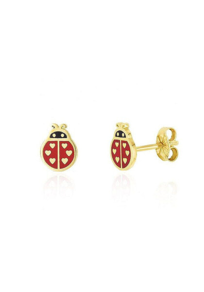 Ladybug Enamel Stud Earrings 14K Gold