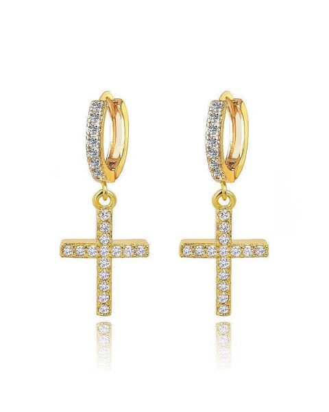 Cross Huggie Earrings with White Diamond Cubic Zirconia
