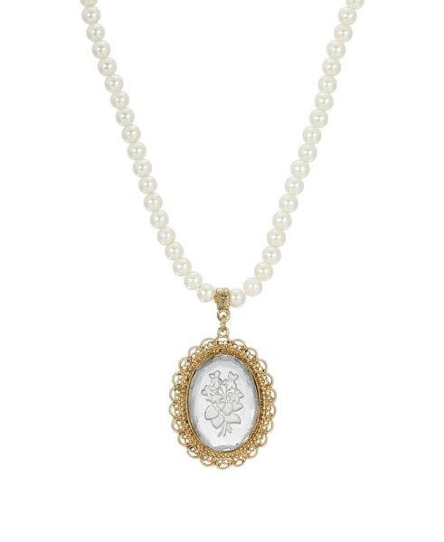 14K Gold-tone Clear Oval Intaglio Imitation Pearl Strand Necklace