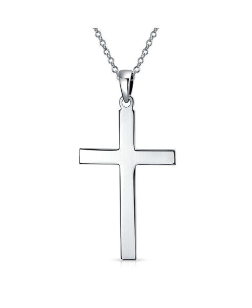 Unisex Large Traditional Plain Simple Basic Religious Cross Pendant Necklace For Women Men Polished Solid .925 Sterling Silver